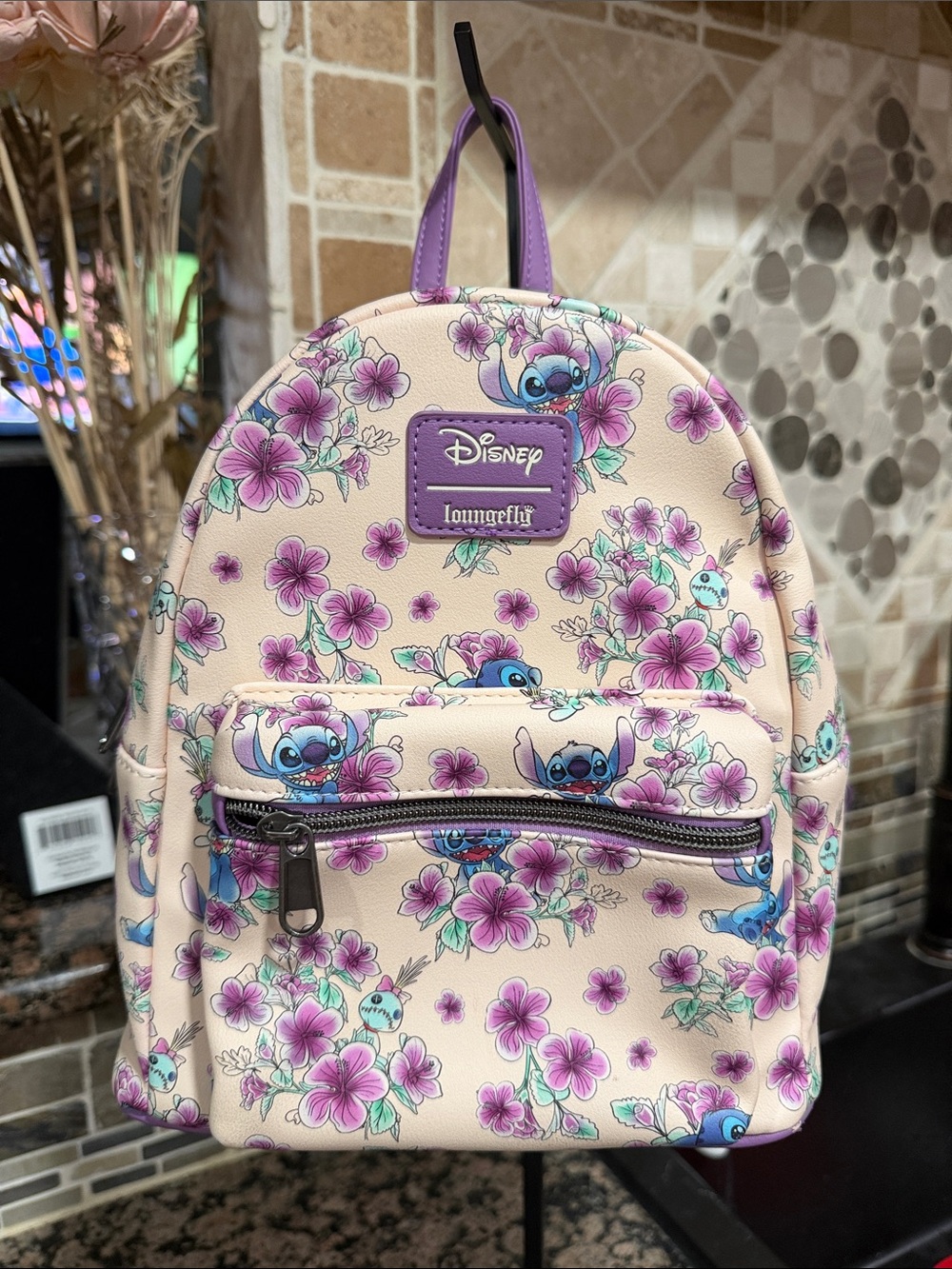 Loungefly Disney Stitch Floral Mini Backpack in Cream and Purple